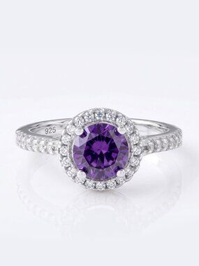 Round Purple Amethyst Gemstone Ring, 925 Sterling Silver Charmed Aroma